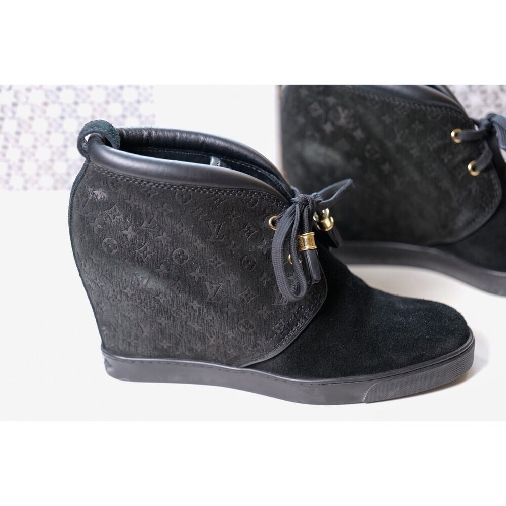 Louis Vuitton Black Suede Leather Wedge Monogram Embossed Booties (IT 40, US 10) - Picture 3 of 9
